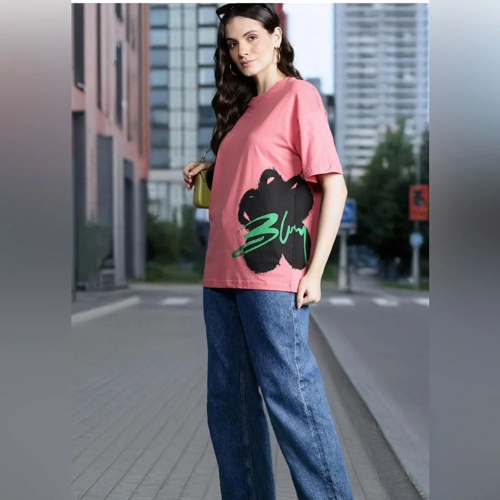 Zara Unisex Oversized Dusty Rose Floral Graphic T-Shirt - Picture 2 of 7